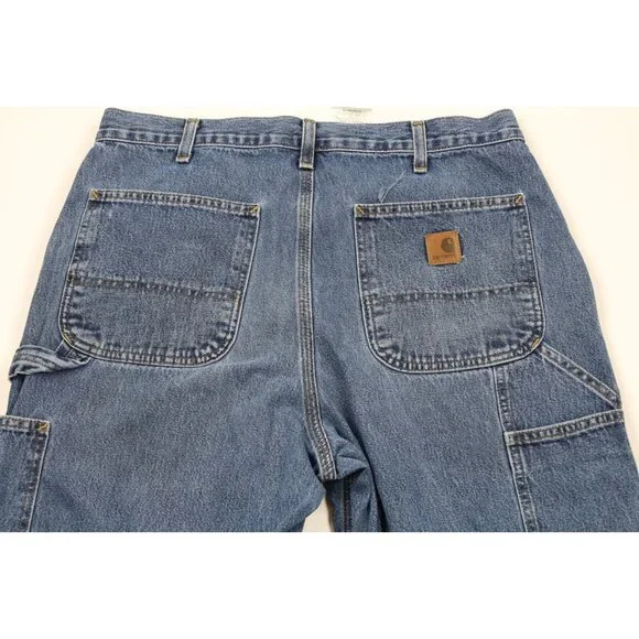 Vintage Carhartt Mens 32x32 Faded Spell Out Wide Leg Dungaree Denim Jeans Blue